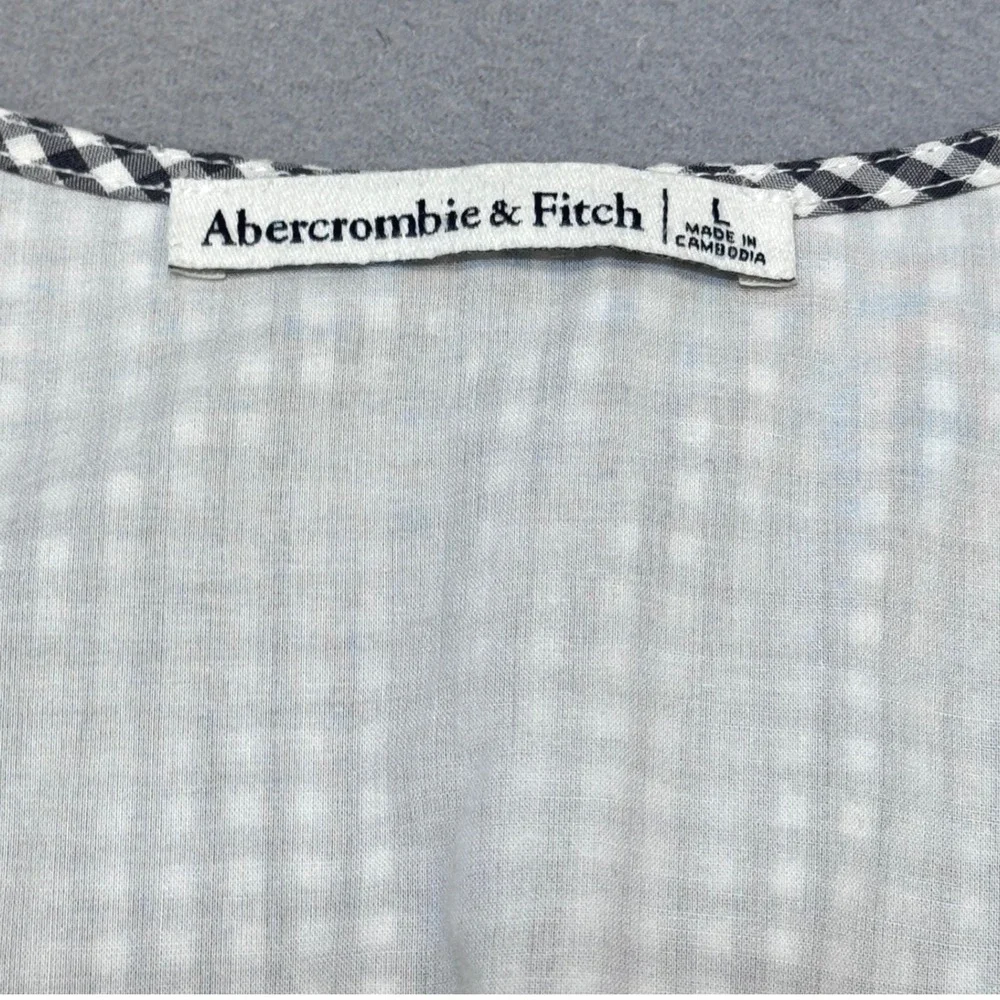ABERCROMBIE & FITCH Gingham Puff Sleeve V-Neck Top Womens L Black White